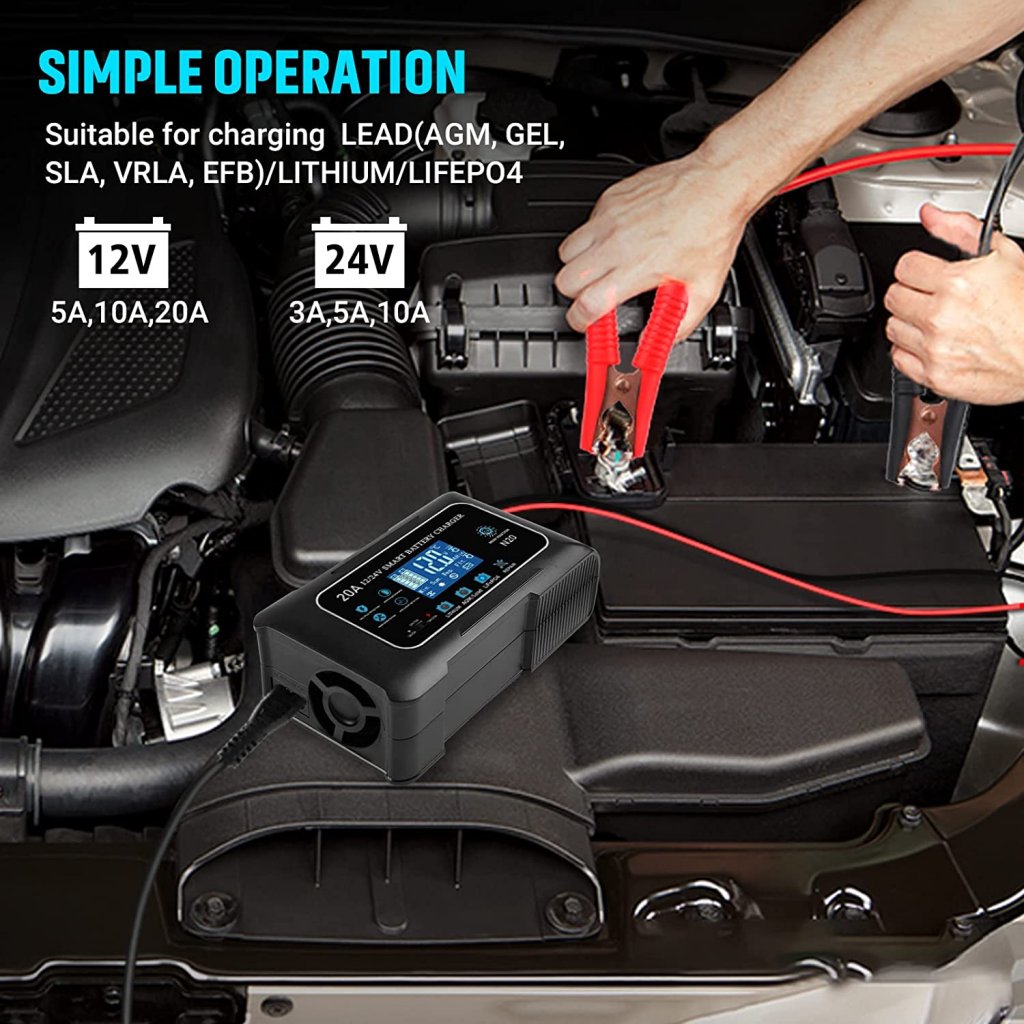 Caricabatterie Auto10Am 12V/24V Automatico LCD Intelligente Protezioni multiple Caricabatterie Auto10Am 12V/24V Automatico LCD Intelligente Protezioni multiple